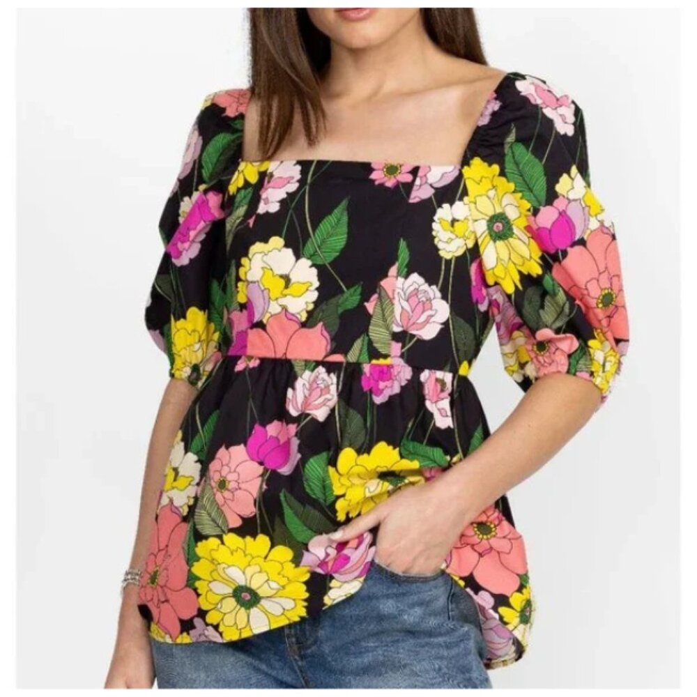 Johnny Was NWT Women's Black Floral Print Paloma MARISOL Blouse, Size Large